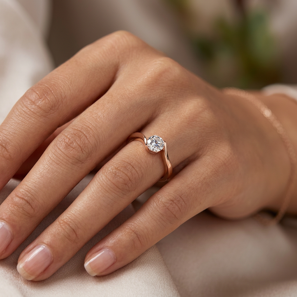 Antyczny Pierścionek z Różowego Złota z Solitairem i Okrągłymi Diamentami